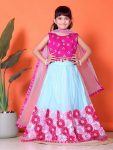 ATTRACTIVE NET JACQUARD EMBROIDERY WORK KID'S LEHENGA CHOLI WITH DUPATTA SKY