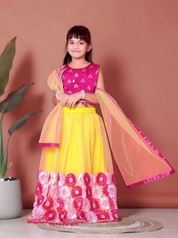 ATTRACTIVE NET JACQUARD EMBROIDERY WORK KID'S LEHENGA CHOLI WITH DUPATTA YELLOW