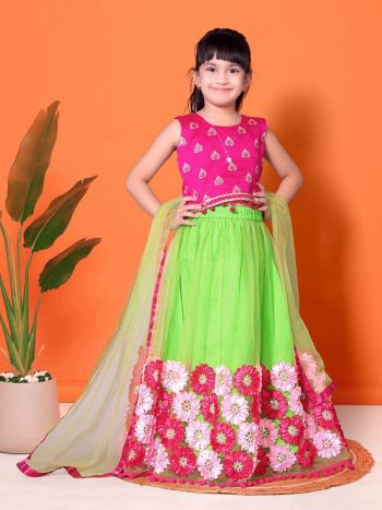 ATTRACTIVE NET JACQUARD EMBROIDERY WORK KID'S LEHENGA CHOLI WITH DUPATTA GREEN