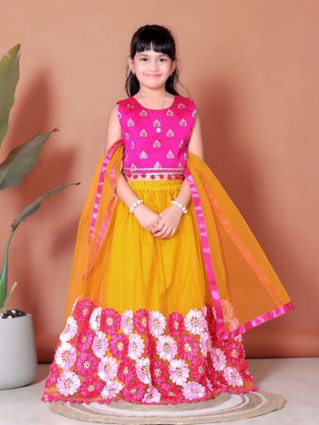 ATTRACTIVE NET JACQUARD EMBROIDERY WORK KID'S LEHENGA CHOLI WITH DUPATTA YELLOW
