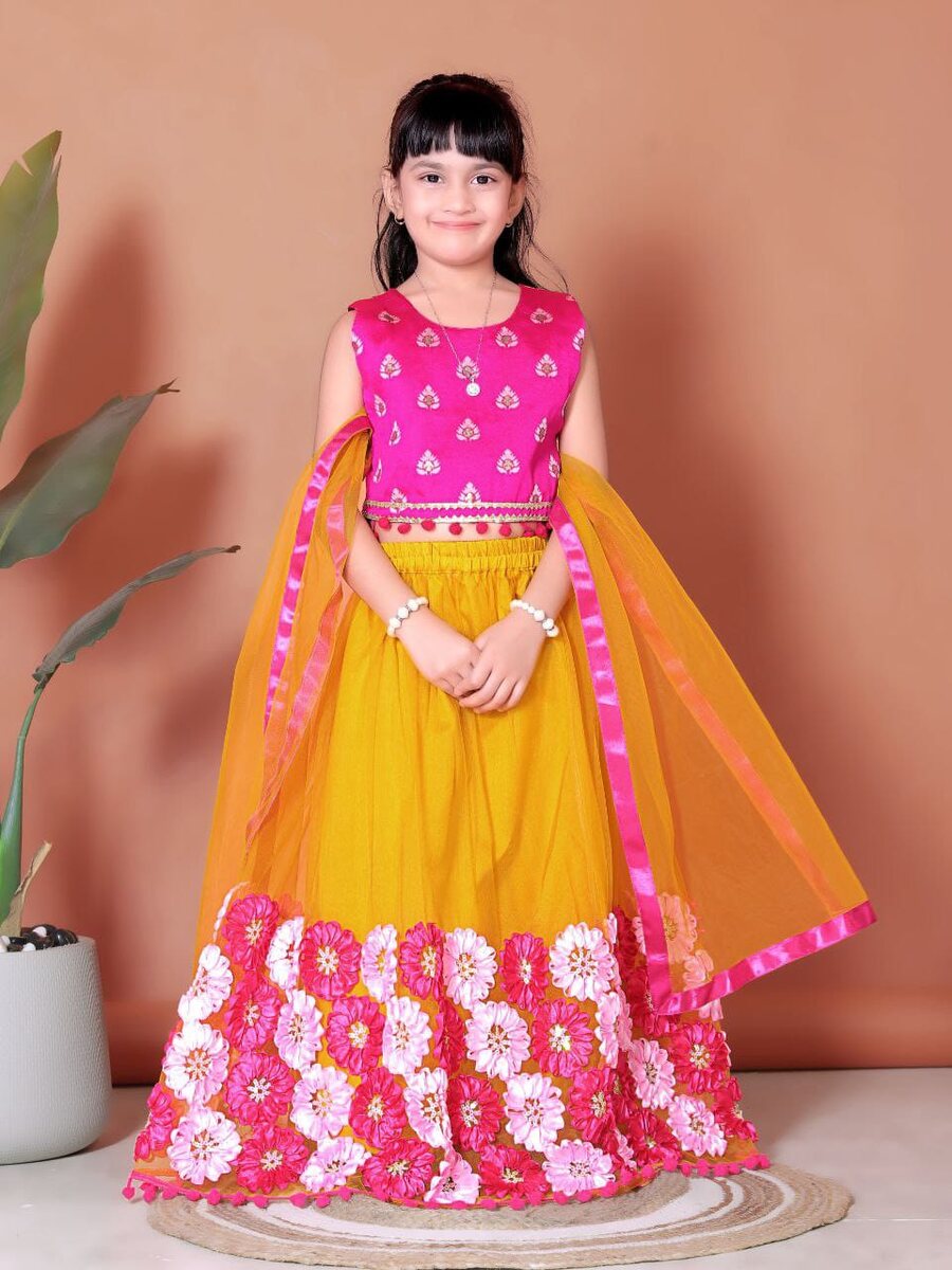 ATTRACTIVE NET JACQUARD EMBROIDERY WORK KID'S LEHENGA CHOLI WITH DUPATTA WEDDING WEAR WHOLESALE PRICE ETHNIC GARMENT (31)