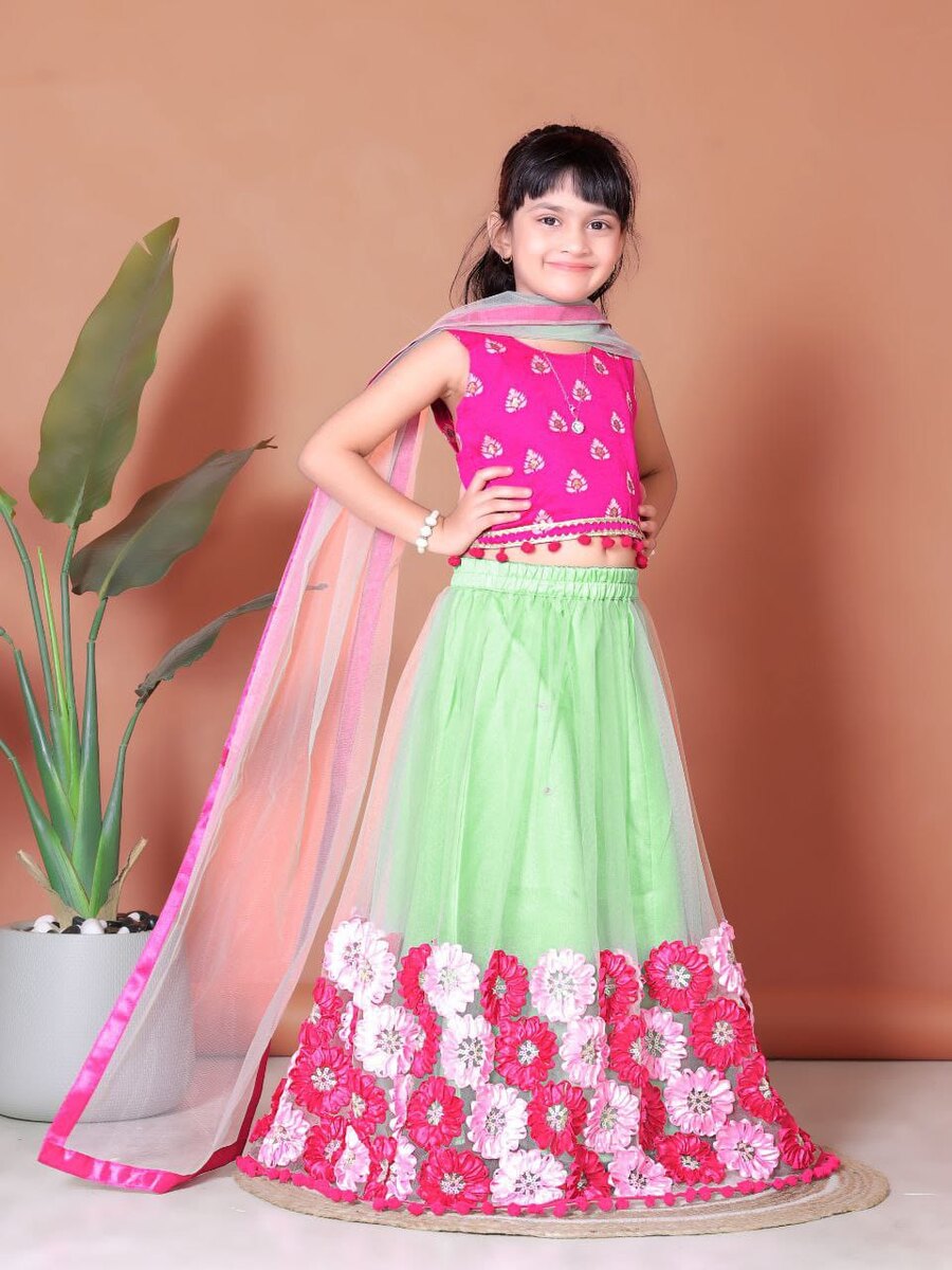 ATTRACTIVE NET JACQUARD EMBROIDERY WORK KID'S LEHENGA CHOLI WITH DUPATTA WEDDING WEAR WHOLESALE PRICE ETHNIC GARMENT (33)