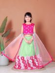 ATTRACTIVE NET JACQUARD EMBROIDERY WORK KID'S LEHENGA CHOLI WITH DUPATTA PISTA