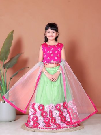ATTRACTIVE NET JACQUARD EMBROIDERY WORK KID'S LEHENGA CHOLI WITH DUPATTA PISTA