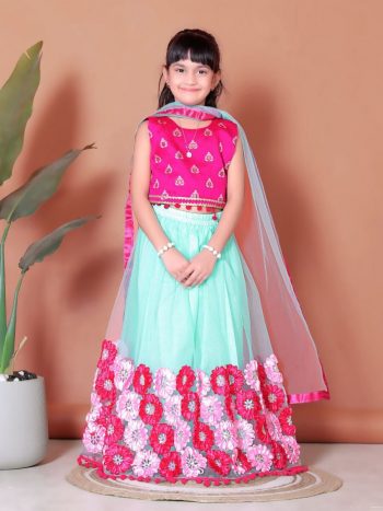 ATTRACTIVE NET JACQUARD EMBROIDERY WORK KID'S LEHENGA CHOLI WITH DUPATTA SKY