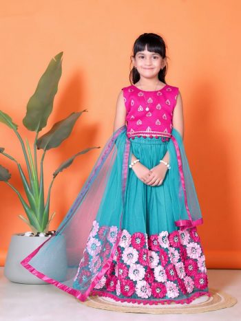 ATTRACTIVE NET JACQUARD EMBROIDERY WORK KID'S LEHENGA CHOLI WITH DUPATTA BLUE