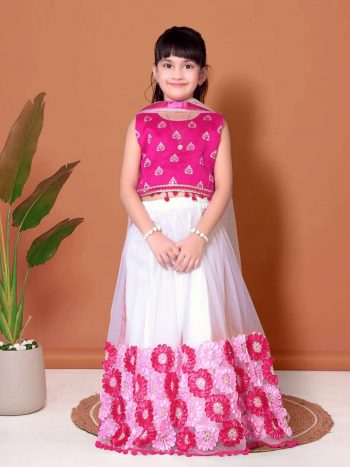 ATTRACTIVE NET JACQUARD EMBROIDERY WORK KID'S LEHENGA CHOLI WITH DUPATTA WHITE