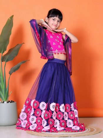 ATTRACTIVE NET JACQUARD EMBROIDERY WORK KID'S LEHENGA CHOLI WITH DUPATTA PURPLE