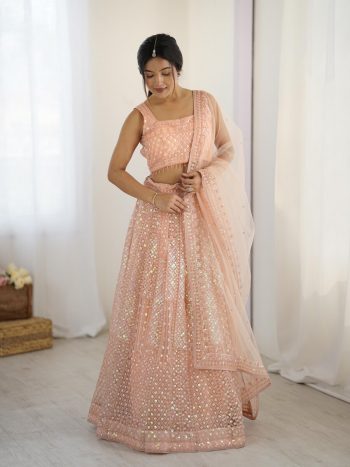 ATTRACTIVE NET RAINBOW SEQUENCE & DORI WORK LEHENGA CHOLI WITH DUPATTA PEACH