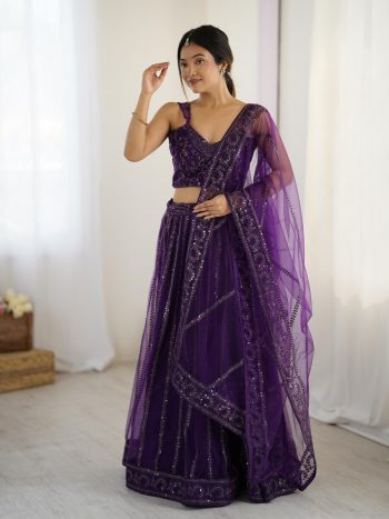 ATTRACTIVE NET SEQUENCE  & DORI WORK LEHENGA CHOLI WITH DUPATTA PURPLE