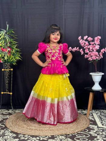 ATTRACTIVE NYLON ORGANZA SILK ZARI EMBROIDERY WORK KIDS TOP LEHENGA YELLOW