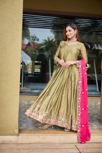 ATTRACTIVE PURE RANGOLI SILK WITH EMBROIDERY  SEQUENCE WORK GOWN BOTTOM WITH DUPATTA PISTA