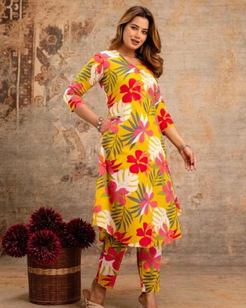 ATTRACTIVE RAYON DIGITAL PRINT  TOP BOTTOM SET YELLOW