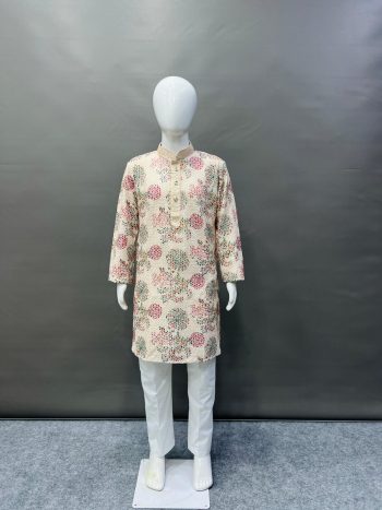 ATTRACTIVE RAYON DIGITAL PRINT’S WORK KID'S KURTA PAYJAMA OFF WHITE