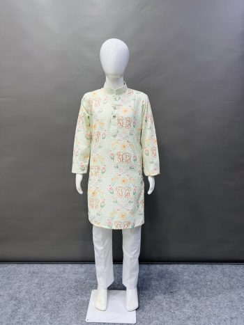 ATTRACTIVE RAYON DIGITAL PRINT’S WORK KID'S KURTA PAYJAMA CREAM