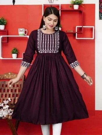 ATTRACTIVE RAYON EMBROIDERY WORK KURTI  WINE