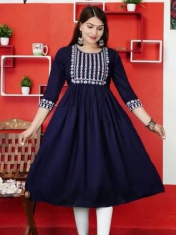 ATTRACTIVE RAYON EMBROIDERY WORK KURTI NAVY BLUE
