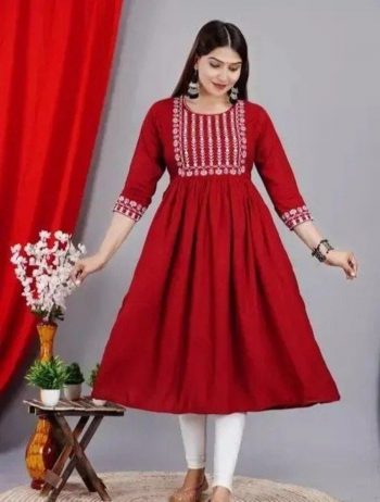 ATTRACTIVE RAYON EMBROIDERY WORK KURTI RED