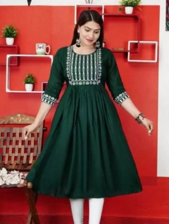 ATTRACTIVE RAYON EMBROIDERY WORK KURTI GREEN