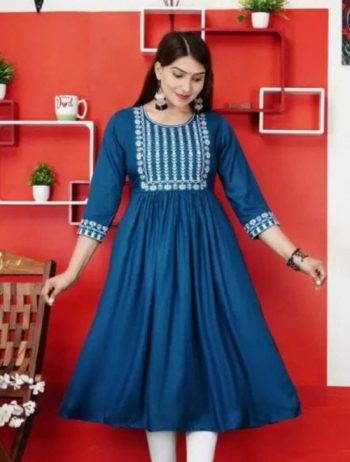 ATTRACTIVE RAYON EMBROIDERY WORK KURTI  BLUE