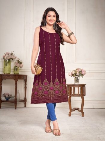 ATTRACTIVE RAYON GOLDEN & COLOR FOIL PRINT WORK ONLY KURTI WINE