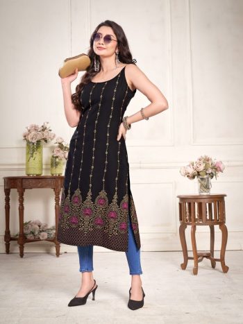 ATTRACTIVE RAYON GOLDEN & COLOR FOIL PRINT WORK ONLY KURTI BLACK