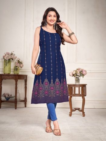 ATTRACTIVE RAYON GOLDEN & COLOR FOIL PRINT WORK ONLY KURTI BLUE