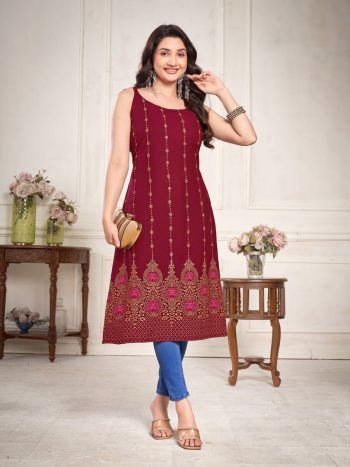 ATTRACTIVE RAYON GOLDEN & COLOR FOIL PRINT WORK ONLY KURTI MAROON