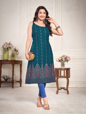 ATTRACTIVE RAYON GOLDEN & COLOR FOIL PRINT WORK ONLY KURTI GREEN