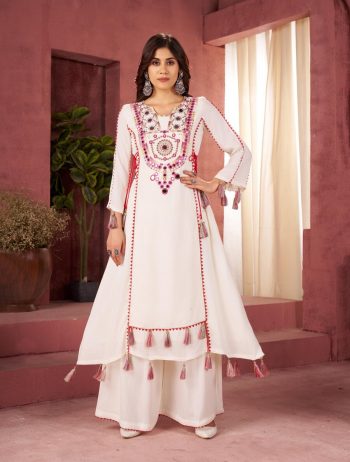 ATTRACTIVE RAYON THREAD AND REAL MIRROR WITH TASSELS AND FANCY LACE WORK CO-ORD SET WHITE
