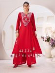 ATTRACTIVE RAYON THREAD AND REAL MIRROR WITH TASSELS AND FANCY LACE WORK CO-ORD SET RED