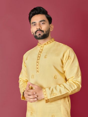 ATTRACTIVE ROMAN SILK VAL-MOTI HAND WORK KURTA PAYJAMA YELLOW