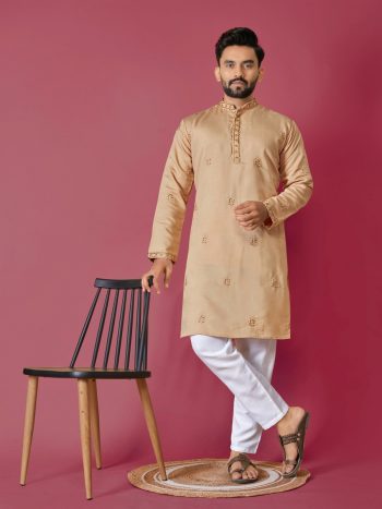 ATTRACTIVE ROMAN SILK VAL-MOTI HAND WORK KURTA PAYJAMA CREAM