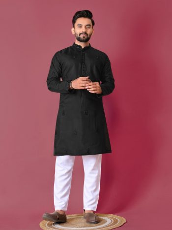 ATTRACTIVE ROMAN SILK VAL-MOTI HAND WORK KURTA PAYJAMA BLACK