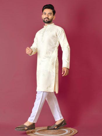 ATTRACTIVE ROMAN SILK VAL-MOTI HAND WORK KURTA PAYJAMA OFF WHITE