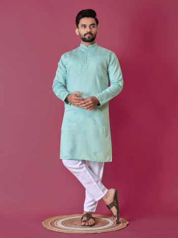 ATTRACTIVE ROMAN SILK VAL-MOTI HAND WORK KURTA PAYJAMA SKY