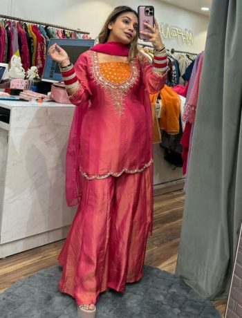 ATTRACTIVE SHIMMER SILK EMBROIDERY WORK TOP PALAZZO WITH DUPATTA GAJARI