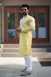 ATTRACTIVE SHINY SILK CODING WORK MEN'S KURTA PAYJAMA YELLOW