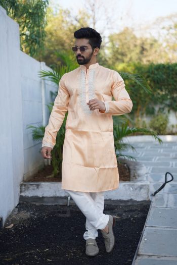 ATTRACTIVE SHINY SILK CODING WORK MEN'S KURTA PAYJAMA CREAM