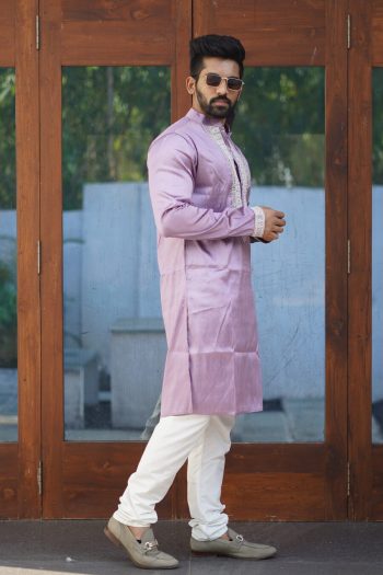 ATTRACTIVE SHINY SILK CODING WORK MEN'S KURTA PAYJAMA LAVENDER