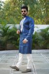 ATTRACTIVE SHINY SILK CODING WORK MEN'S KURTA PAYJAMA BLUE