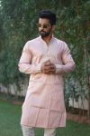 ATTRACTIVE SHINY SILK CODING WORK MEN'S KURTA PAYJAMA PEACH