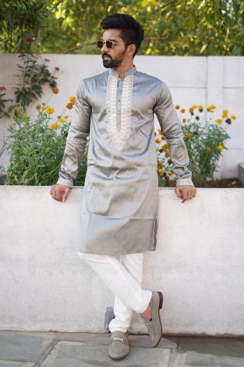 ATTRACTIVE SHINY SILK CODING WORK MEN'S KURTA PAYJAMA GREY