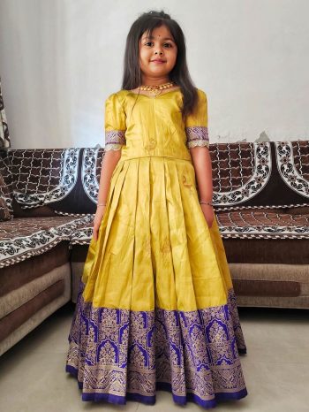 ATTRACTIVE SILK EMBROIDERY BUTTERFLY AND BIRD WORK  KID'S GOWN YELLOW