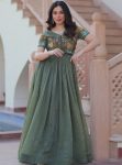 ATTRACTIVE SILVER CRUNCY PLAIN GOWN WITH EMBROIDERY WORK ON KOTI MINT