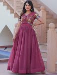 ATTRACTIVE SILVER CRUNCY PLAIN GOWN WITH EMBROIDERY WORK ON KOTI PINK