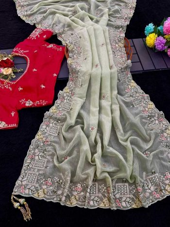 ATTRACTIVE SOFT CRUNCHY  EMBROIDERY SEQUENCE WORK  SAREE WITH UNSTITCHED BLOUSE