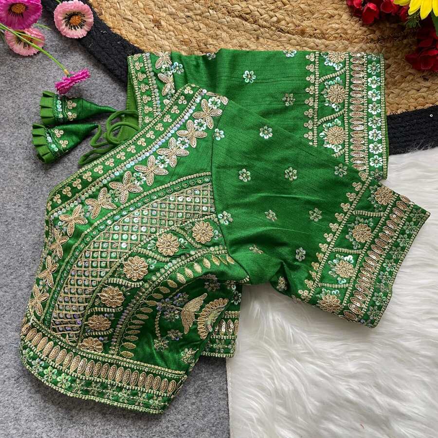 ATTRACTIVE SOFT ITALIAN SILK CODDING EMBROIDERY + THREAD & SEQUENCE WORK READY TO WEAR BLOUSE BRIDAL WEAR WHOLESALE PRICE ETHNIC GARMENT (39)