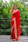 ATTRACTIVE SOFT LICHI SILK JACQUARD WORK SAREE WITH UNSTITCHED BLOUSE RED