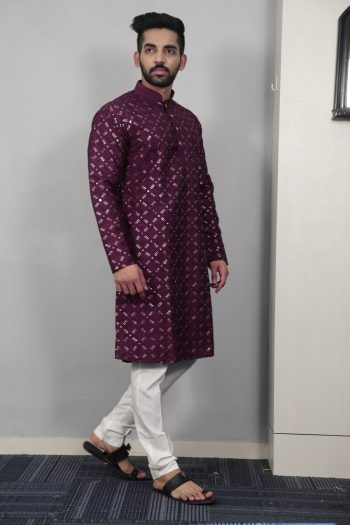 ATTRACTIVE SOFT SILK SILVER AND MATE SEQUENCE WITH EMBROIDERY WORK KURTA PAYJAMA PURPLE